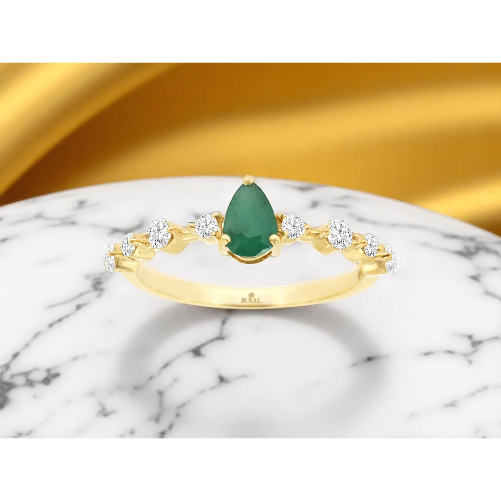 14K Yellow Gold Pear-Shaped Emerald Ring with Round Diamond Accents - 0.43 Carat Emerald and 0.25 Carat Total Diamond Weight - Royal Jewelry