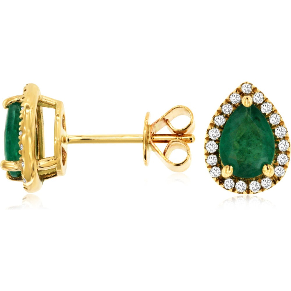 14K Yellow Gold Pear-Shaped Emerald Stud Earrings with Diamond Halo - 1.35 Carat Total Emerald Weight and 0.20 Carat Total Diamond Weight - Royal Jewelry