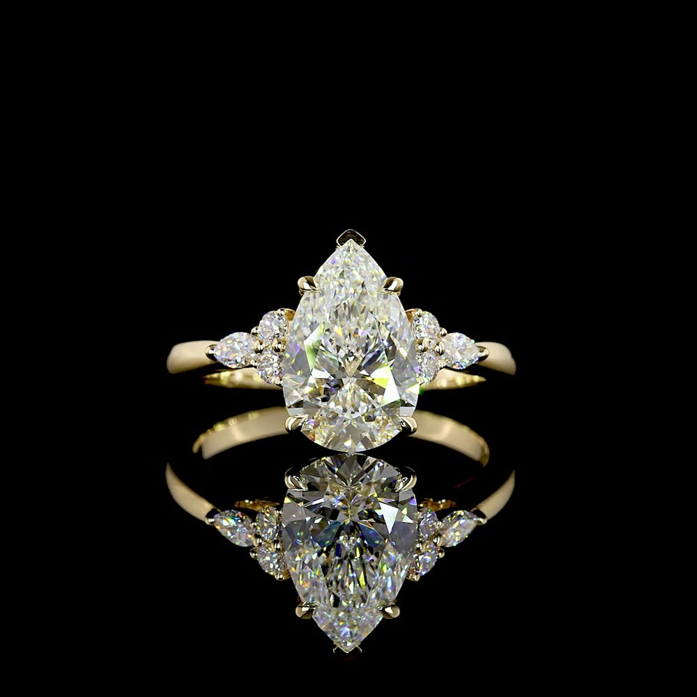 14K Yellow Gold Pear Shaped Engagement Ring with 2.51 Carat F VVS2 Lab Diamond Center and Marquise & Round Side Stones - 2.75 Total Carat Weight - Covaloro Fine Jewelry