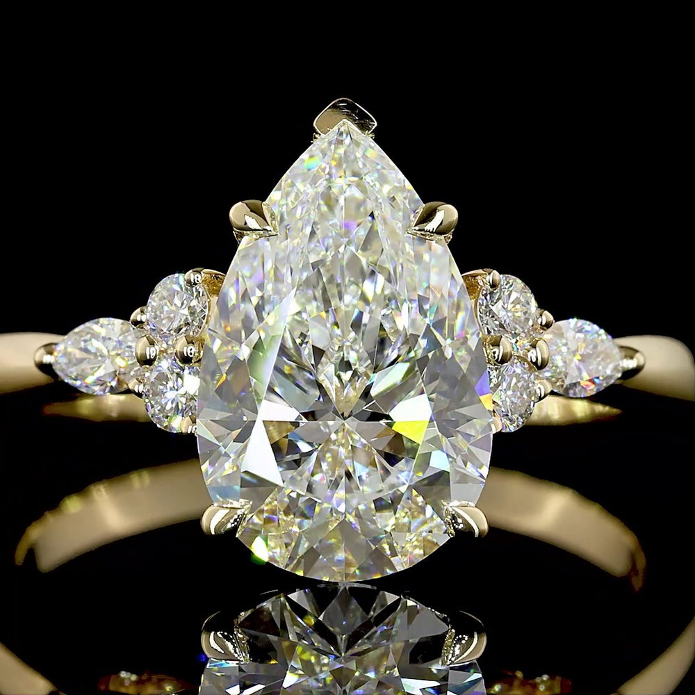 14K Yellow Gold Pear Shaped Engagement Ring with 2.51 Carat F VVS2 Lab Diamond Center and Marquise & Round Side Stones - 2.75 Total Carat Weight - Covaloro Fine Jewelry