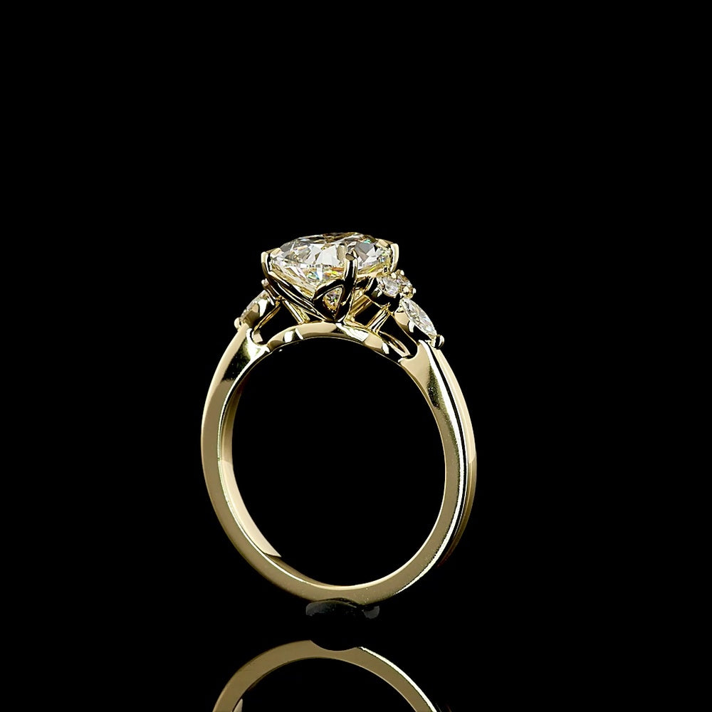 14K Yellow Gold Pear Shaped Engagement Ring with 2.51 Carat F VVS2 Lab Diamond Center and Marquise & Round Side Stones - 2.75 Total Carat Weight - Covaloro Fine Jewelry