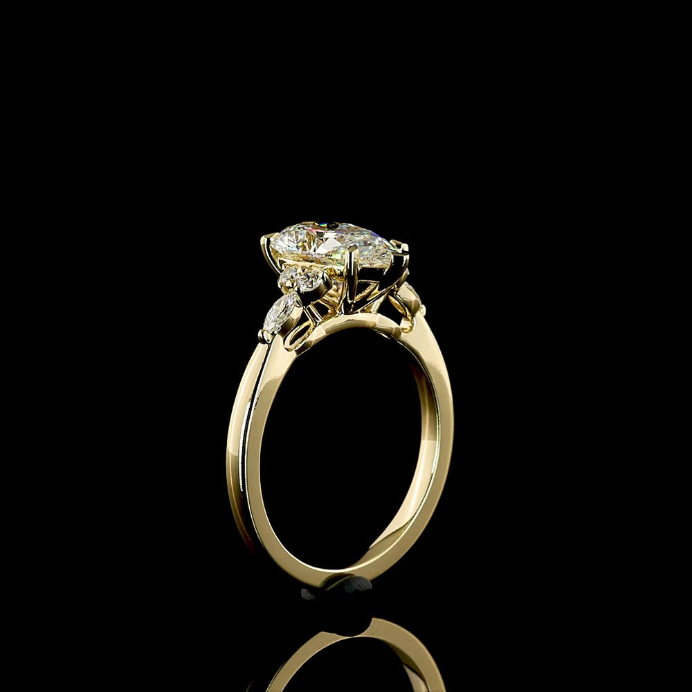 14K Yellow Gold Pear Shaped Engagement Ring with 2.51 Carat F VVS2 Lab Diamond Center and Marquise & Round Side Stones - 2.75 Total Carat Weight - Covaloro Fine Jewelry