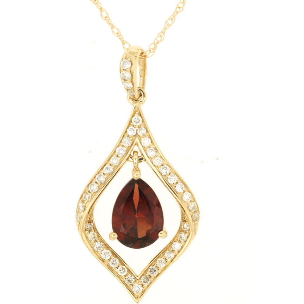 14K Yellow Gold Pear-Shaped Garnet and Diamond Halo Pendant Necklace - 2.40 Carat Garnet and 0.17 Carat Total Diamond Weight - Royal Jewelry