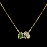 14K Yellow Gold Pear Shaped Green Emerald Lab Diamond and Marquise White Diamond Toi et Moi Pendant - 0.90 Carat Total Gem Weight - Covaloro Fine Jewelry