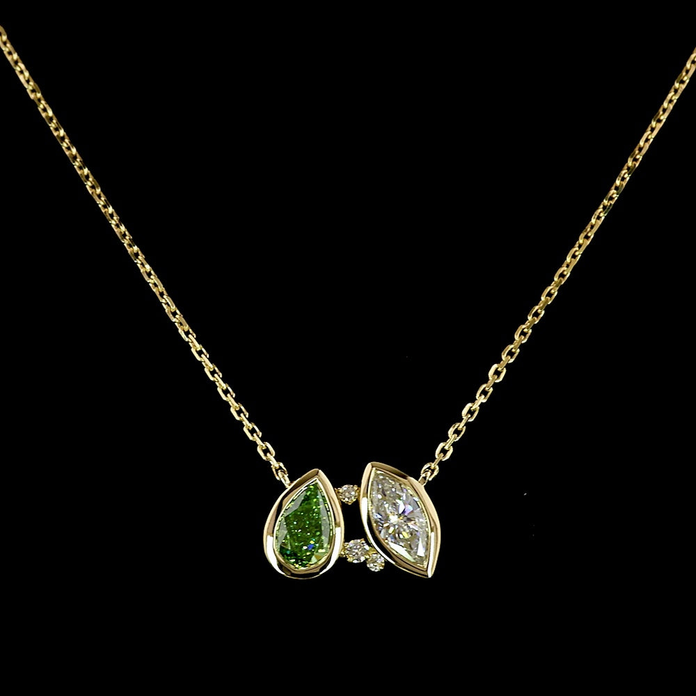 14K Yellow Gold Pear Shaped Green Emerald Lab Diamond and Marquise White Diamond Toi et Moi Pendant - 0.90 Carat Total Gem Weight - Covaloro Fine Jewelry