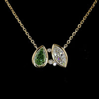 14K Yellow Gold Pear Shaped Green Emerald Lab Diamond and Marquise White Diamond Toi et Moi Pendant - 0.90 Carat Total Gem Weight - Covaloro Fine Jewelry