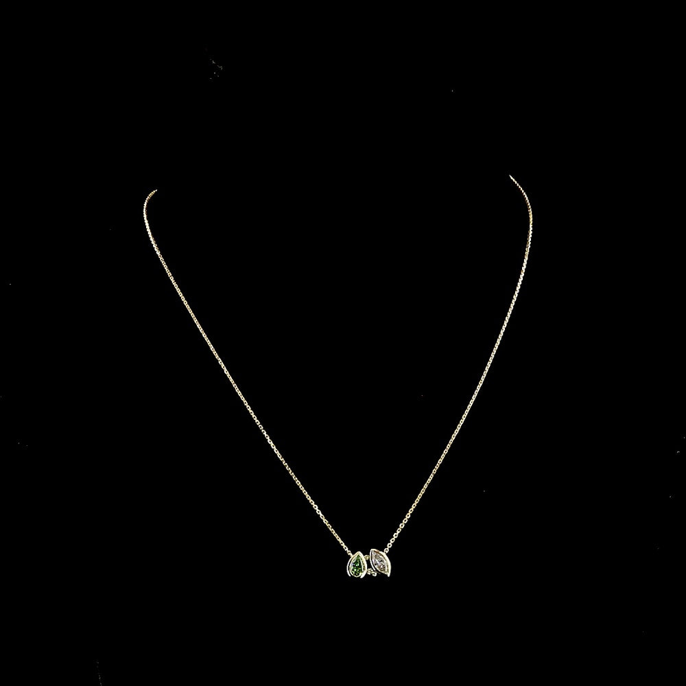 14K Yellow Gold Pear Shaped Green Emerald Lab Diamond and Marquise White Diamond Toi et Moi Pendant - 0.90 Carat Total Gem Weight - Covaloro Fine Jewelry