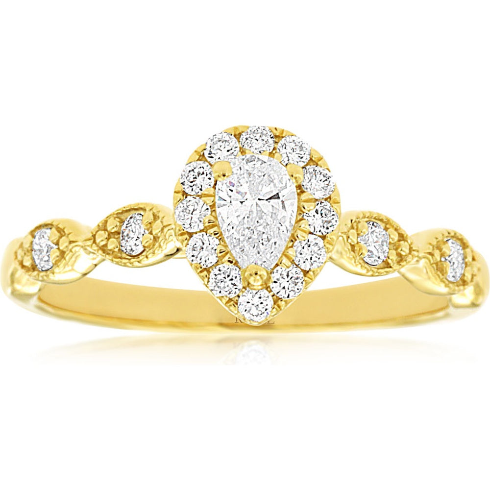 14K Yellow Gold Pear-Shaped Halo Engagement Ring with Round Diamond Accents - 0.50 Carat Total Diamond Weight - Royal Jewelry