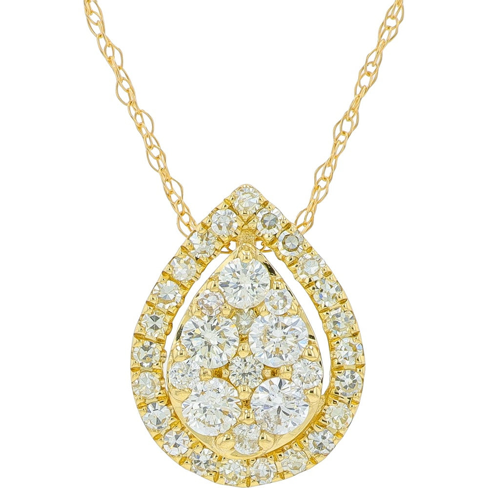 14K Yellow Gold Pear-Shaped Halo Pendant with Cluster Set Round Diamonds - 0.50 Carat Total Diamond Weight