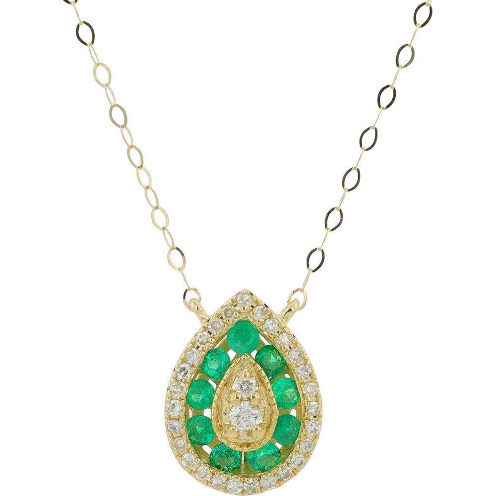14K Yellow Gold Pear-Shaped Halo Pendant with Round Emeralds and Diamonds - 0.37 Carat Total Emerald Weight and 0.11 Carat Total Diamond Weight