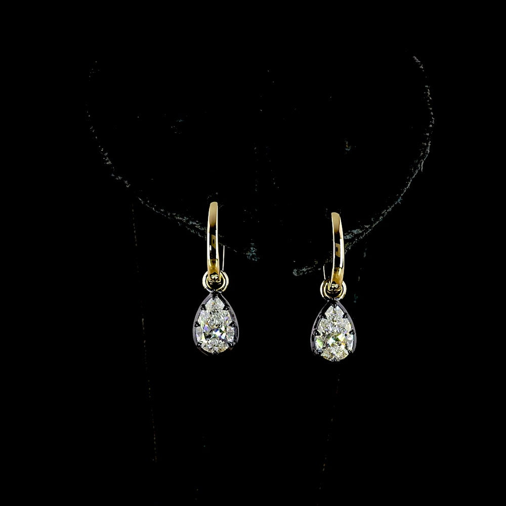 14K Yellow Gold Pear-Shaped Hanging Earrings with Black Rhodium Bezel and Prong Set Lab Diamonds - 1.50 Carats Total Diamond Weight (0.75 Carats Each) - Covaloro Fine Jewelry
