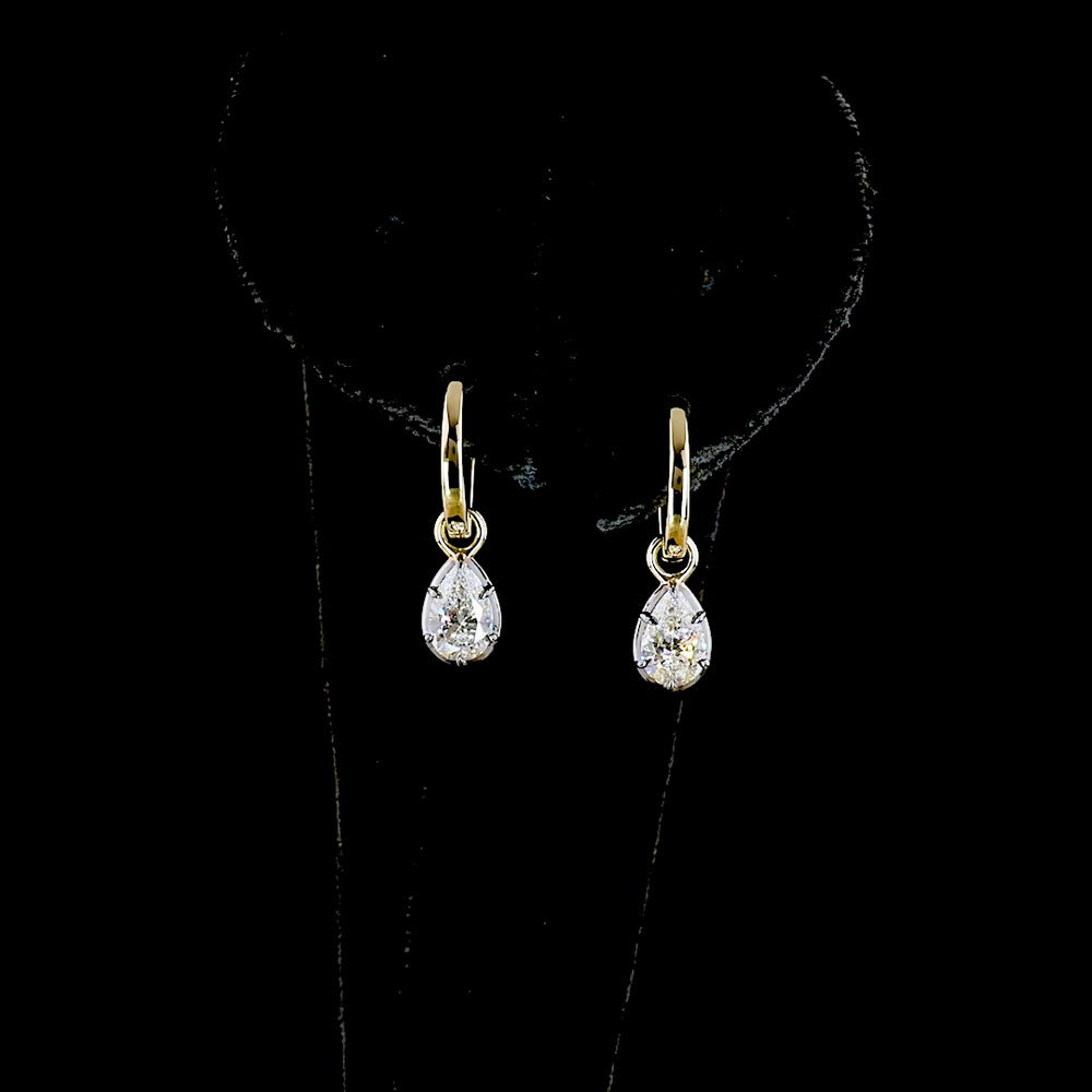 14K Yellow Gold Pear-Shaped Lab Diamond Hanging Earrings - 1.03 Carat Total Weight, E-F Color VS1 Clarity with Lever Back and Black Rhodium Accents - Covaloro Fine Jewelry