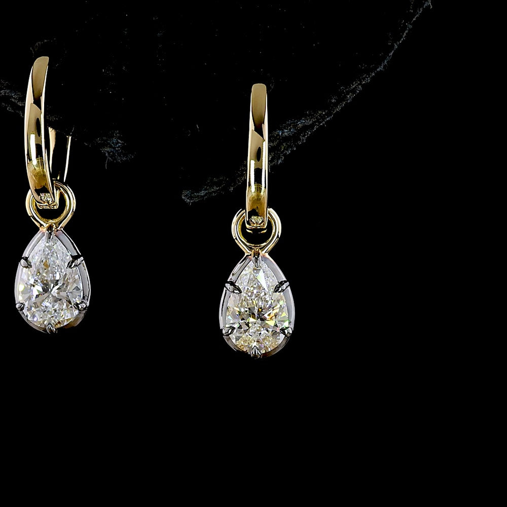 14K Yellow Gold Pear-Shaped Lab Diamond Hanging Earrings - 1.03 Carat Total Weight, E-F Color VS1 Clarity with Lever Back and Black Rhodium Accents - Covaloro Fine Jewelry