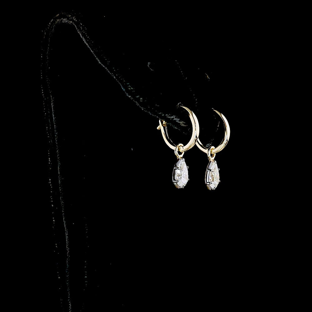 14K Yellow Gold Pear-Shaped Lab Diamond Hanging Earrings - 1.03 Carat Total Weight, E-F Color VS1 Clarity with Lever Back and Black Rhodium Accents - Covaloro Fine Jewelry