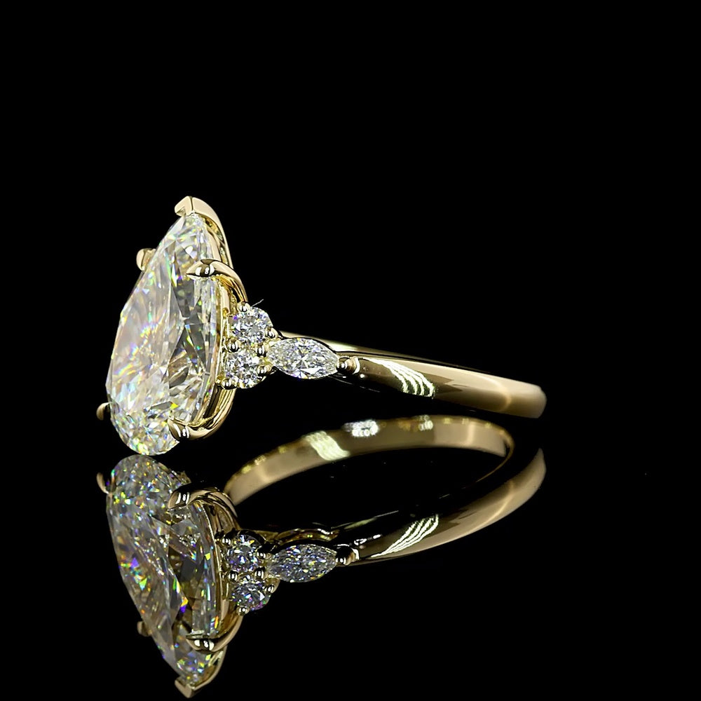 14K Yellow Gold Pear-Shaped Lab Diamond Ring with Marquise and Round Accents - 3.55 Carat Total Diamond Weight - Covaloro Fine Jewelry