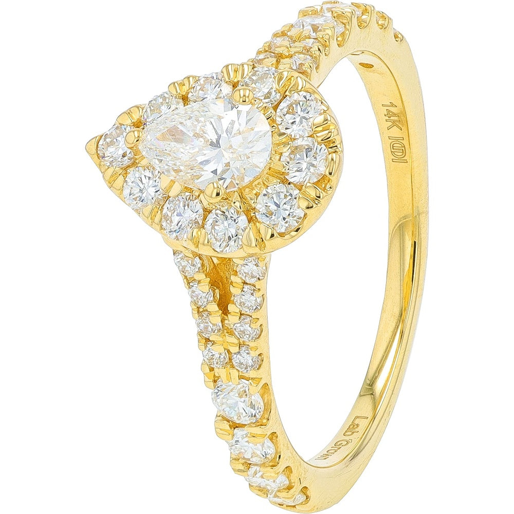 14K Yellow Gold Pear-Shaped Lab Grown Diamond Halo Engagement Ring with Accented Split Shank - 1.00 Carat Total Diamond Weight