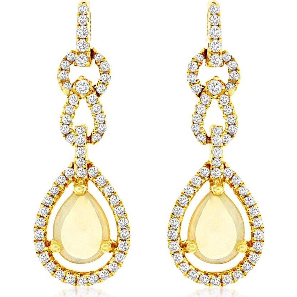 14K Yellow Gold Pear-Shaped Opal and Diamond Halo Drop Earrings - 0.85 Carat Total Opal Weight, 0.40 Carat Total Diamond Weight - Royal Jewelry