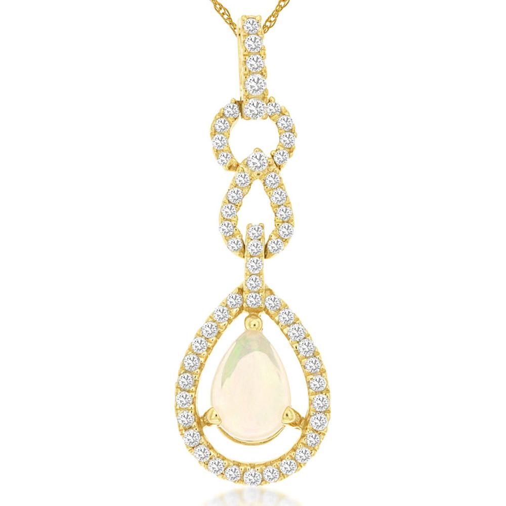 14K Yellow Gold Pear Shaped Opal and Diamond Halo Pendant - 0.40 Carat Opal with 0.26 Carat Total Diamond Weight - Royal Jewelry