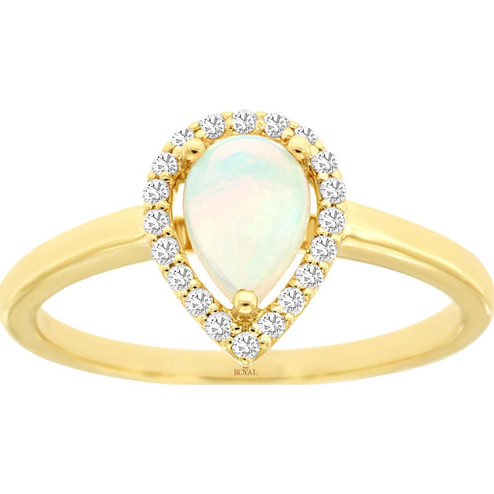 14K Yellow Gold Pear Shaped Opal and Diamond Halo Ring - 0.40 Carat Opal with 0.12 Carat Total Diamond Weight - Royal Jewelry