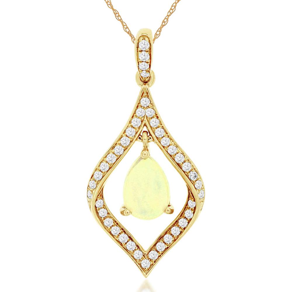 14K Yellow Gold Pear Shaped Opal and Diamond Pendant with Pavé Set Round Diamonds - 0.40 Carat Opal, 0.17 Carat Total Diamond Weight - Royal Jewelry