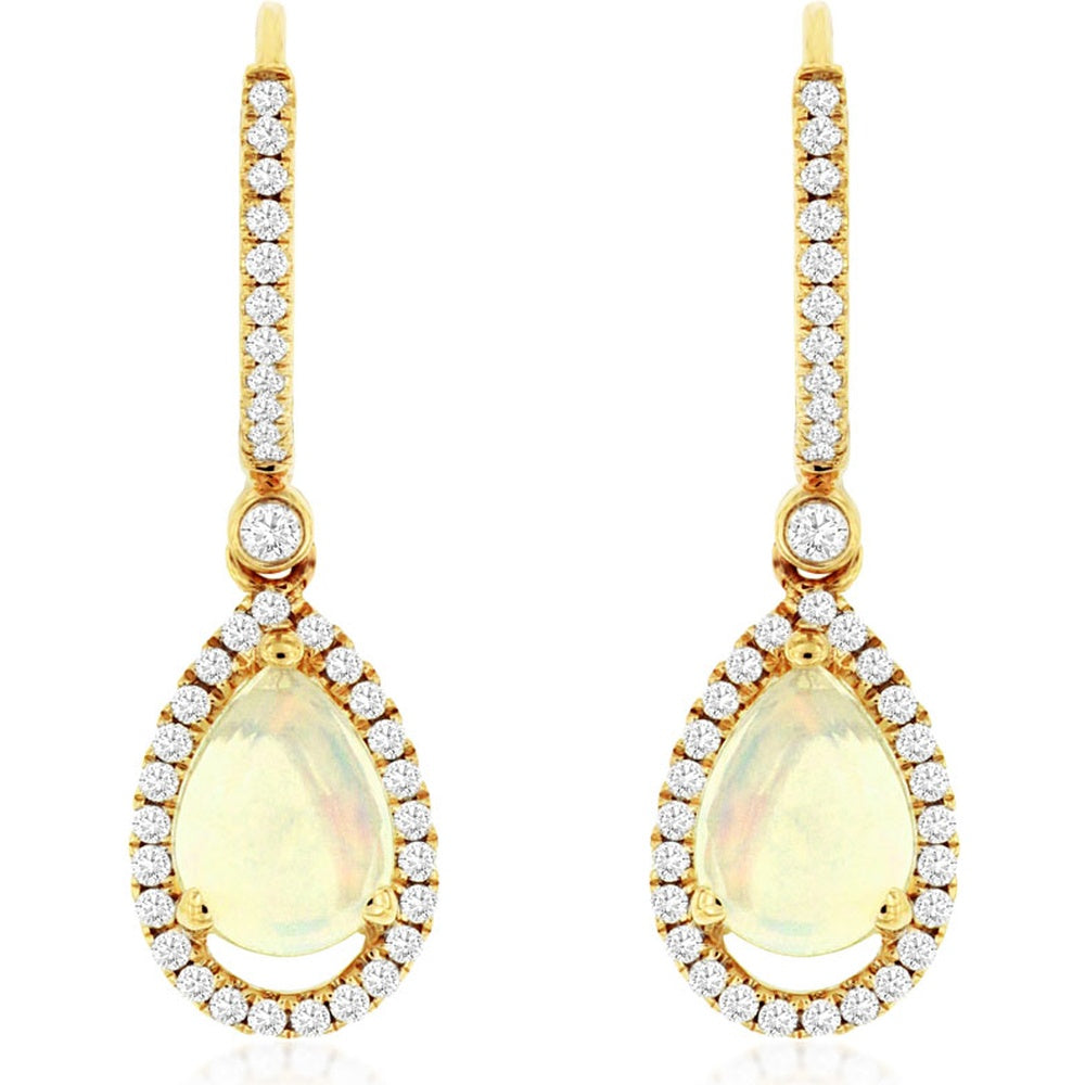 14K Yellow Gold Pear-Shaped Opal Drop Earrings with Pavé Diamond Halo and Diamond Bar - 1.40 Carat Total Opal Weight and 0.42 Carat Total Diamond Weight - Royal Jewelry