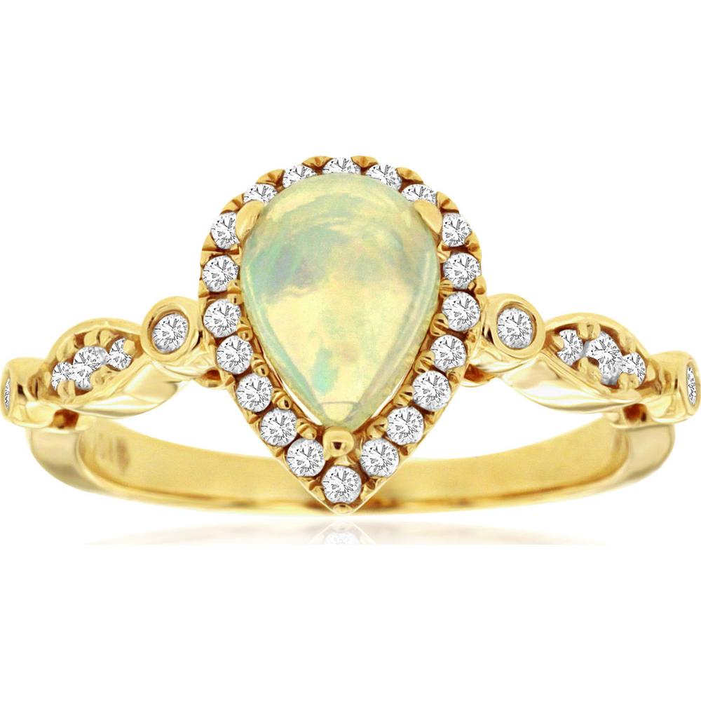 14K Yellow Gold Pear Shaped Opal Halo Ring with Round Diamonds - 0.70 Carat Opal and 0.25 Carat Total Diamond Weight - Royal Jewelry