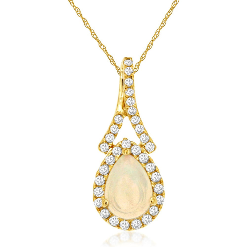 14K Yellow Gold Pear-Shaped Opal Pendant with Diamond Halo and Pave-Set Bail - 0.40 Carat Opal and 0.15 Carat Total Diamond Weight - Royal Jewelry