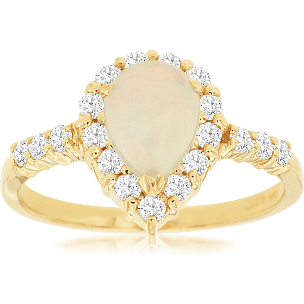 14K Yellow Gold Pear-Shaped Opal Ring with Diamond Halo and Accented Shoulders - 0.70 Carat Opal and 0.45 Carat Total Diamond Weight - Royal Jewelry