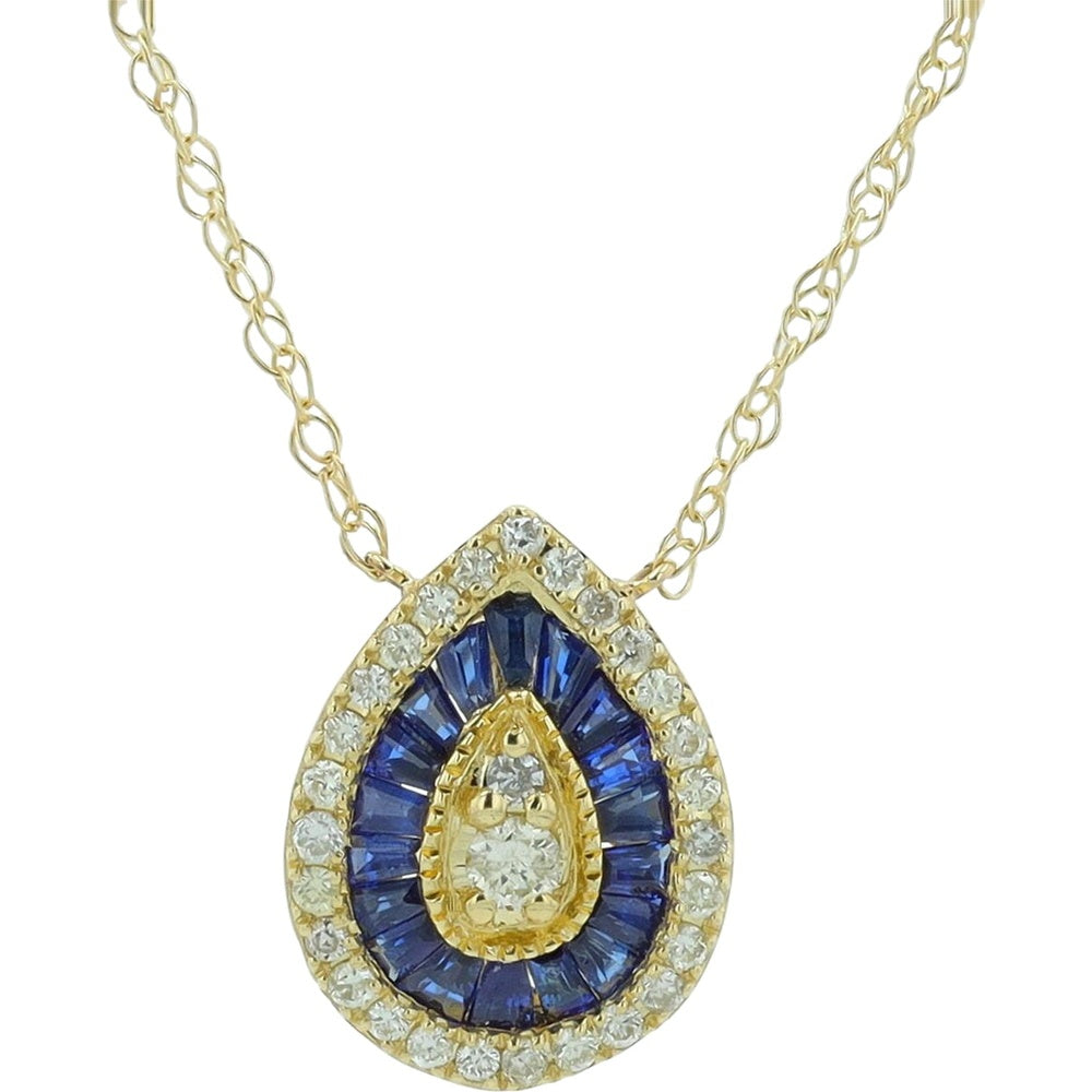 14K Yellow Gold Pear-Shaped Pendant Necklace with Baguette Sapphire Halo and Round Diamond Center - 0.11 Carat Total Diamond Weight