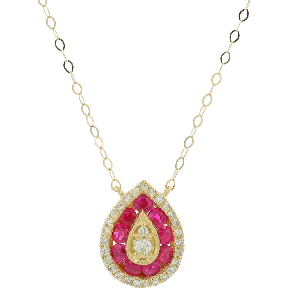 14K Yellow Gold Pear-Shaped Pendant Necklace with Halo Set Round Rubies and Brilliant Cut Diamonds - 0.37 Carat Ruby Weight and 0.11 Carat Diamond Weight