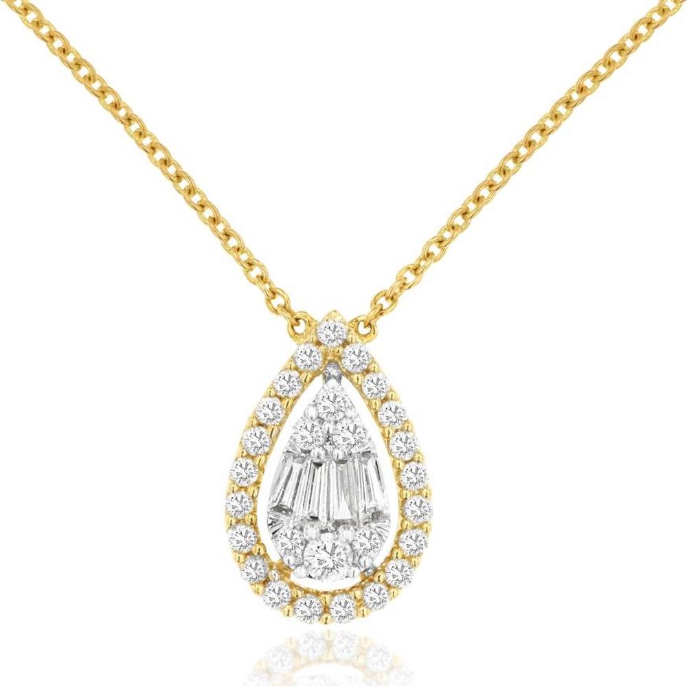 14K Yellow Gold Pear-Shaped Pendant Necklace with Round and Baguette Diamonds - 0.41 Carat Total Diamond Weight - Royal Jewelry
