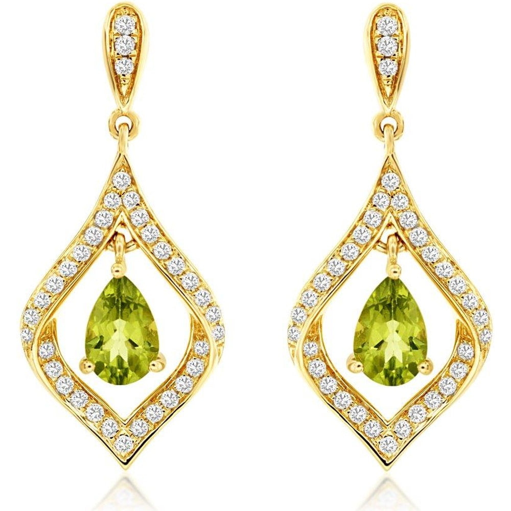 14K Yellow Gold Pear-Shaped Peridot and Diamond Drop Earrings - 0.90 Carat Total Peridot Weight with 0.29 Carat Total Diamond Weight - Royal Jewelry