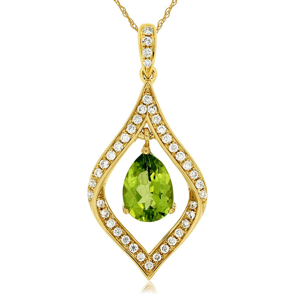 14K Yellow Gold Pear-Shaped Peridot and Diamond Teardrop Pendant with Diamond-Studded Bail - 0.75 Carat Peridot and 0.17 Carat Total Diamond Weight - Royal Jewelry