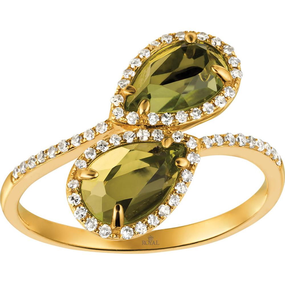 14K Yellow Gold Pear Shaped Peridot Ring with Diamond Halos - 1.50 Carat Peridot & 0.21 Carat Total Diamond Weight - Royal Jewelry