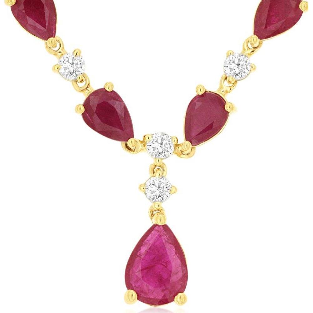 14K Yellow Gold Pear-Shaped Ruby and Diamond Cascade Necklace - 11.00 Carat Ruby Total Weight, 1.50 Carat Diamond Total Weight - Royal Jewelry