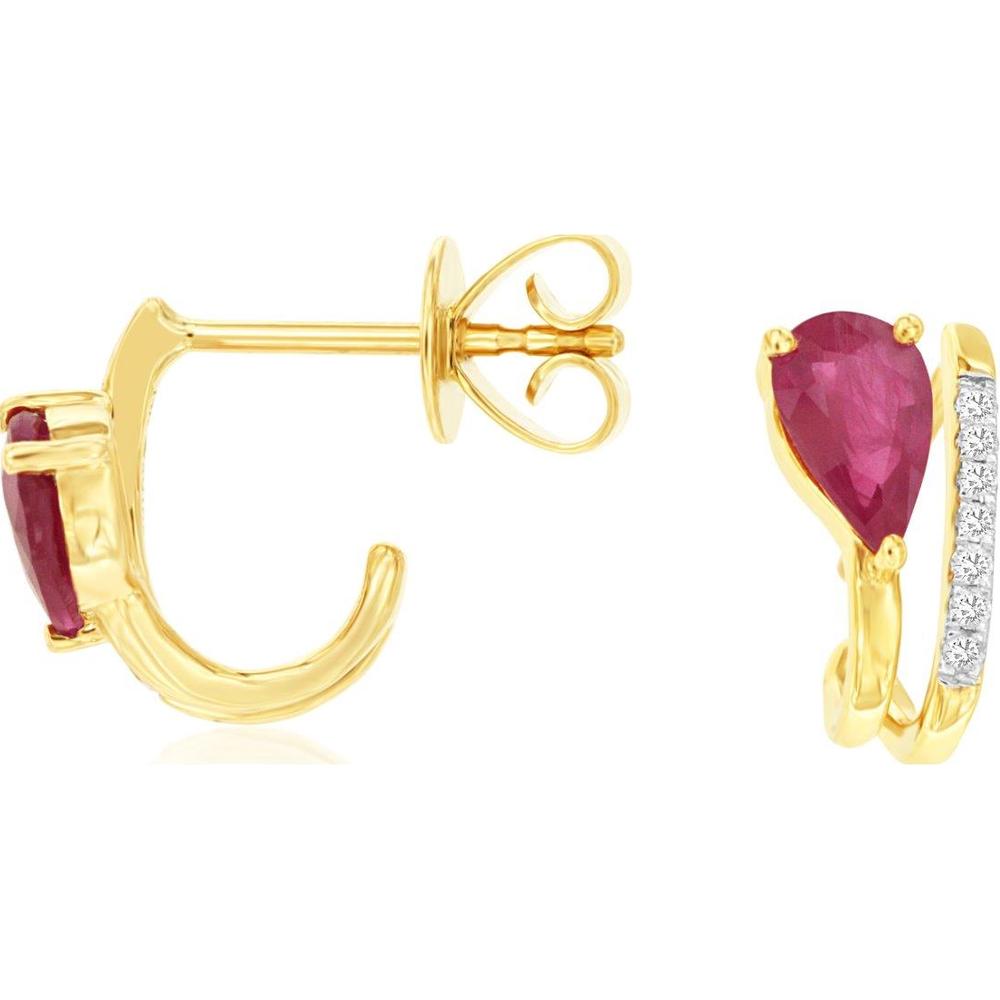 14K Yellow Gold Pear-Shaped Ruby and Diamond Drop Earrings - 0.95 Carat Total Ruby Weight, 0.06 Carat Total Diamond Weight - Royal Jewelry