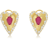 14K Yellow Gold Pear-Shaped Ruby and Diamond Halo Drop Earrings - 0.90 Carat Total Ruby Weight and 0.52 Carat Total Diamond Weight - Royal Jewelry