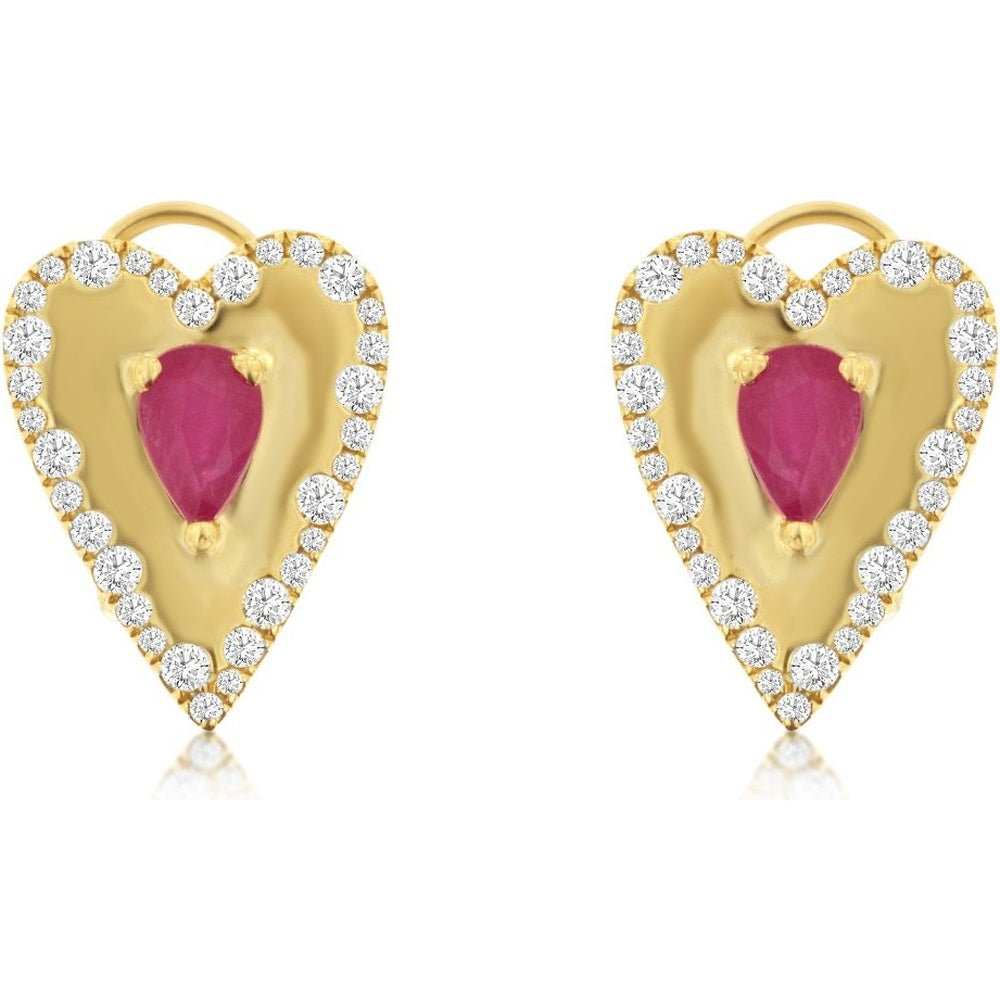 14K Yellow Gold Pear-Shaped Ruby and Diamond Halo Drop Earrings - 0.90 Carat Total Ruby Weight and 0.52 Carat Total Diamond Weight - Royal Jewelry