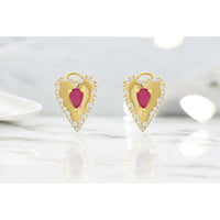 14K Yellow Gold Pear-Shaped Ruby and Diamond Halo Drop Earrings - 0.90 Carat Total Ruby Weight and 0.52 Carat Total Diamond Weight - Royal Jewelry