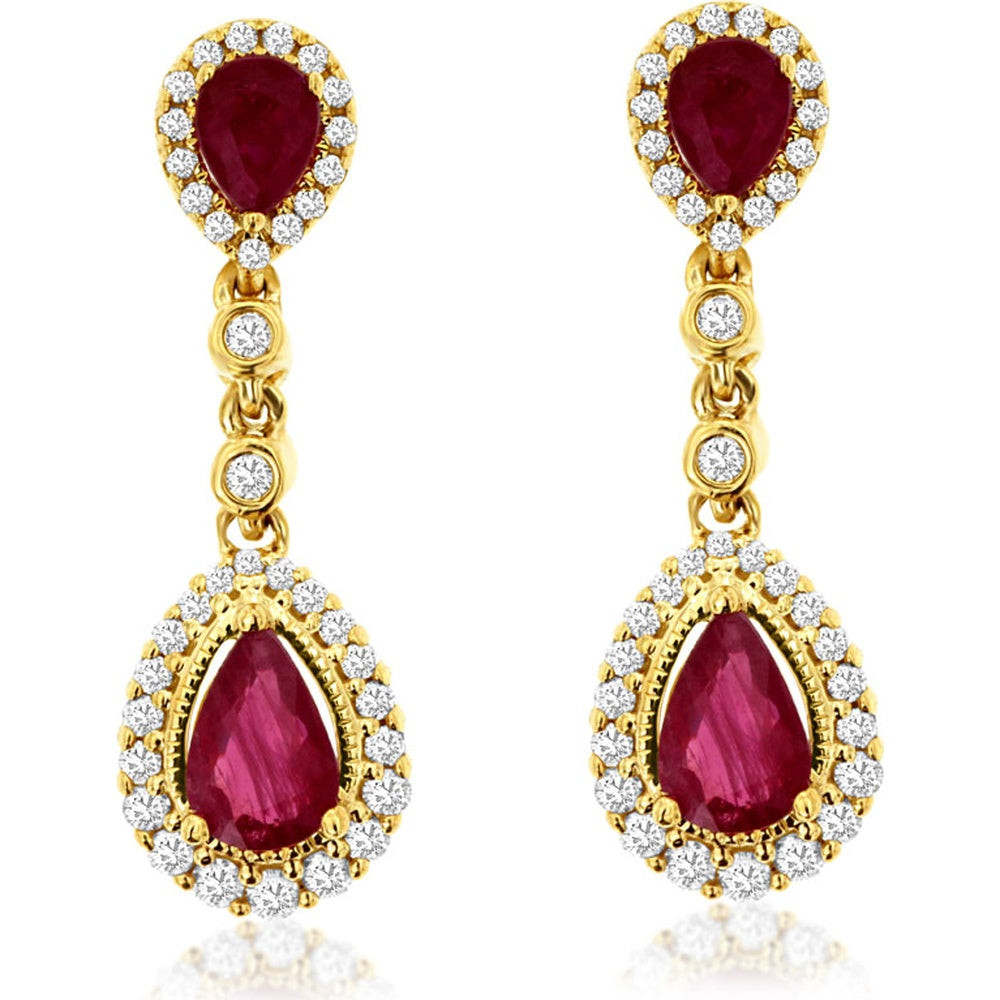 14K Yellow Gold Pear-Shaped Ruby and Diamond Halo Drop Earrings - 1.20ct Total Ruby Weight and 0.37ct Total Diamond Weight - Royal Jewelry