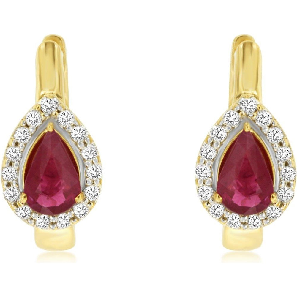 14K Yellow Gold Pear-Shaped Ruby and Diamond Halo Drop Earrings with Lever-Back Closures - 0.90 Carat Total Ruby Weight and 0.25 Carat Total Diamond Weight - Royal Jewelry