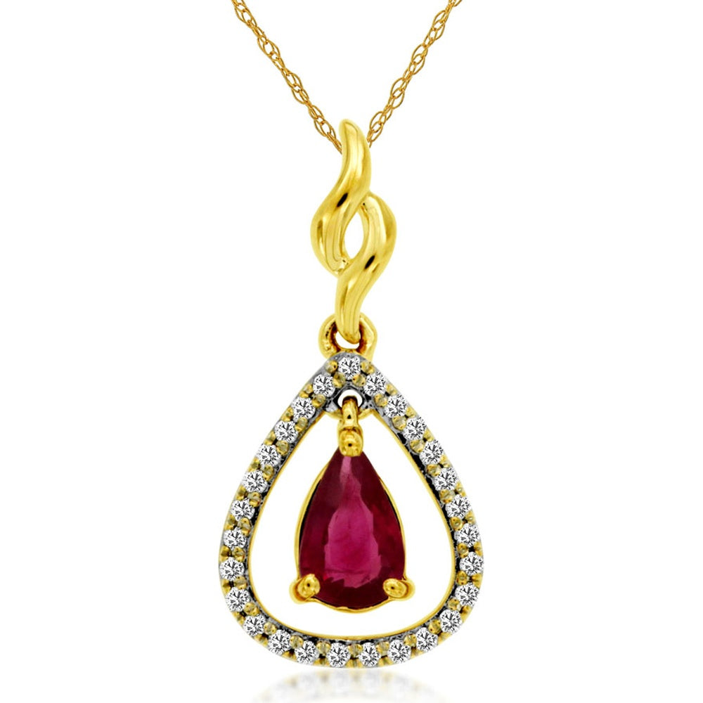 14K Yellow Gold Pear-Shaped Ruby and Diamond Halo Pendant - 0.45 Carat Ruby, 0.08 Carat Total Diamond Weight - Royal Jewelry