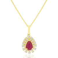 14K Yellow Gold Pear-Shaped Ruby and Diamond Halo Pendant - 0.82 Carat Ruby, 0.26 Carat Diamond Total Weight - Royal Jewelry