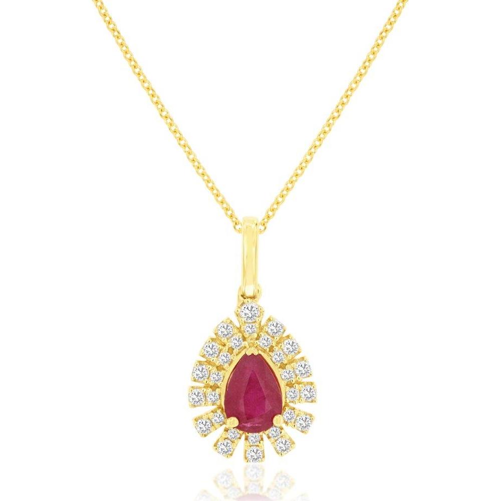 14K Yellow Gold Pear-Shaped Ruby and Diamond Halo Pendant - 0.82 Carat Ruby, 0.26 Carat Diamond Total Weight - Royal Jewelry