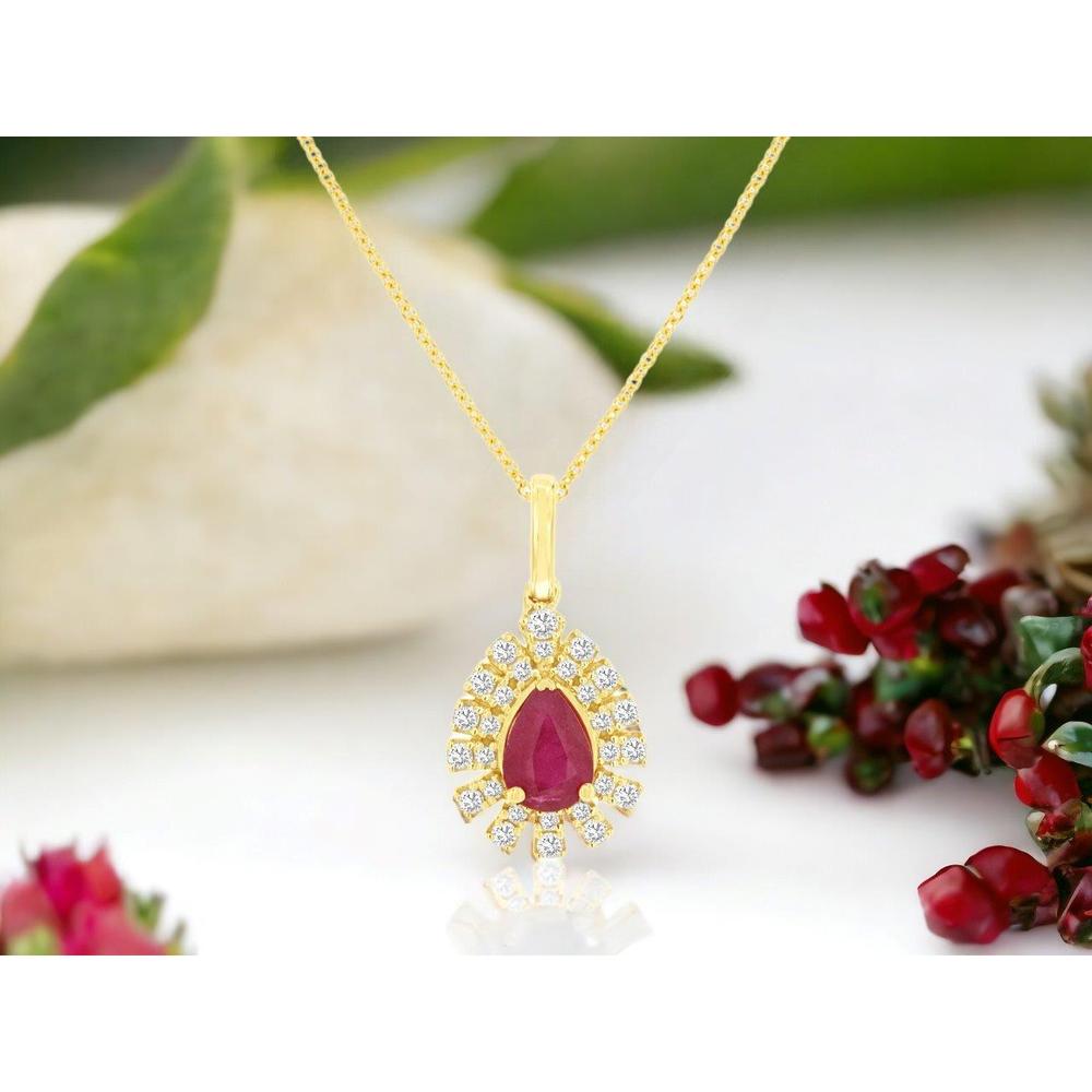 14K Yellow Gold Pear-Shaped Ruby and Diamond Halo Pendant - 0.82 Carat Ruby, 0.26 Carat Diamond Total Weight - Royal Jewelry