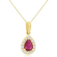 14K Yellow Gold Pear-Shaped Ruby and Diamond Halo Pendant Necklace - 0.50 Carat Ruby and 0.12 Carat Total Diamond Weight - Royal Jewelry