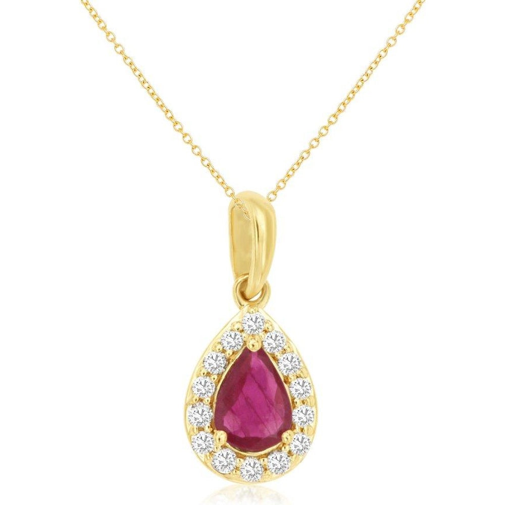14K Yellow Gold Pear-Shaped Ruby and Diamond Halo Pendant Necklace - 0.50 Carat Ruby and 0.12 Carat Total Diamond Weight - Royal Jewelry