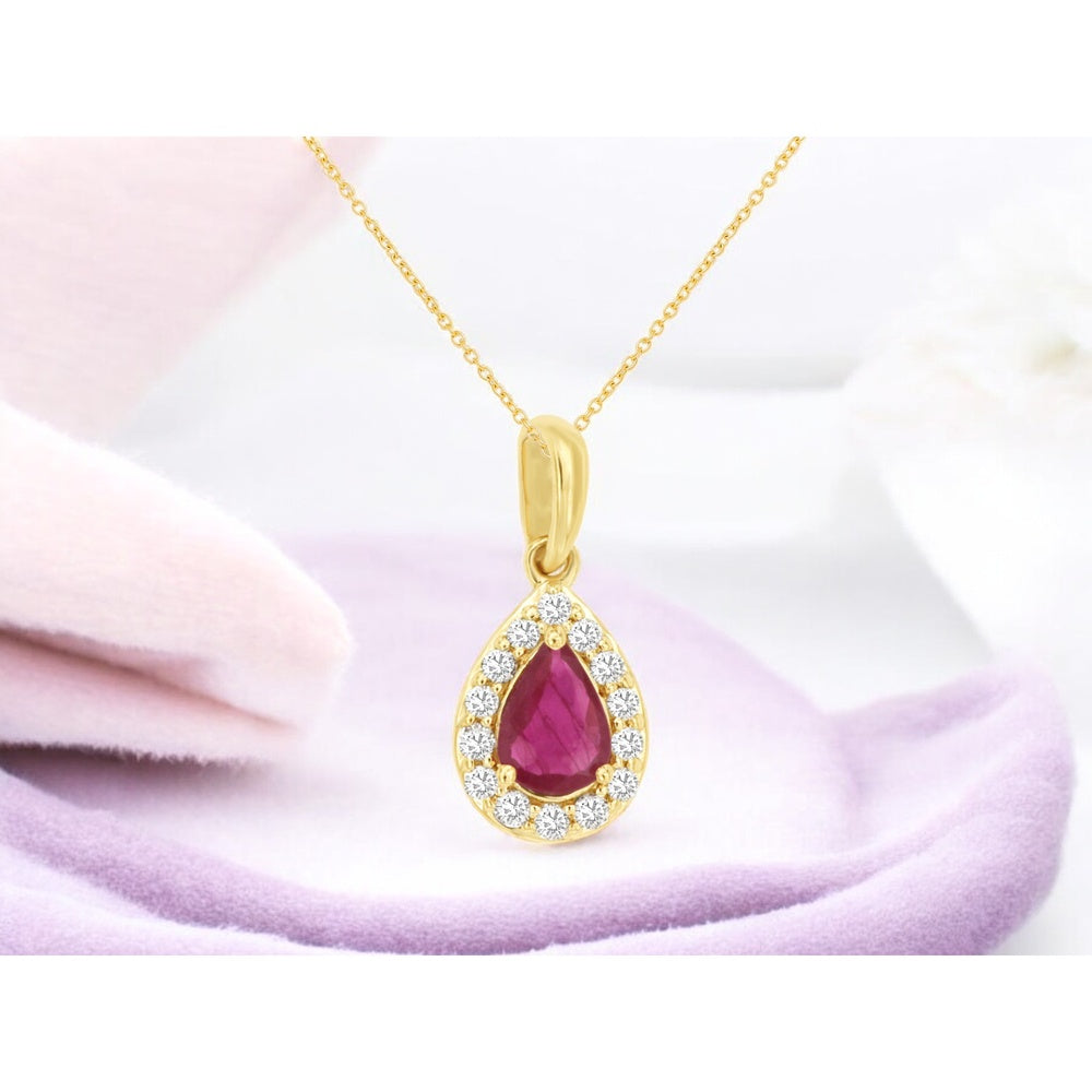 14K Yellow Gold Pear-Shaped Ruby and Diamond Halo Pendant Necklace - 0.50 Carat Ruby and 0.12 Carat Total Diamond Weight - Royal Jewelry