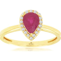 14K Yellow Gold Pear-Shaped Ruby and Diamond Halo Ring - 0.75 Carat Ruby, 0.10 Carat Total Diamond Weight - Royal Jewelry