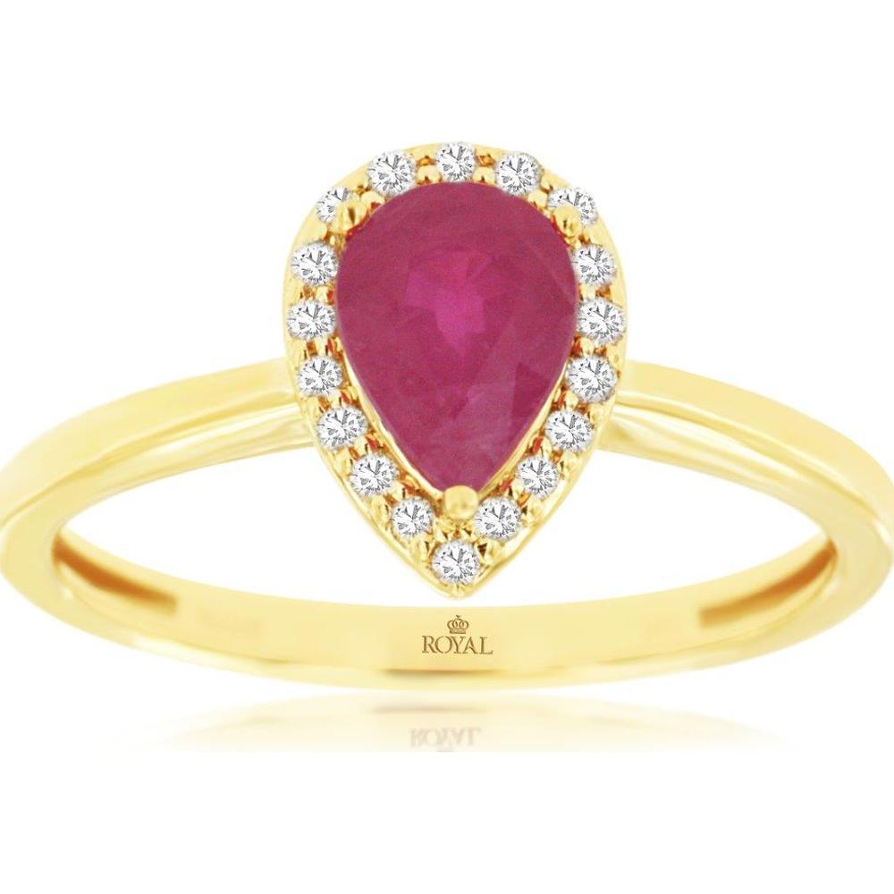14K Yellow Gold Pear-Shaped Ruby and Diamond Halo Ring - 0.75 Carat Ruby, 0.10 Carat Total Diamond Weight - Royal Jewelry
